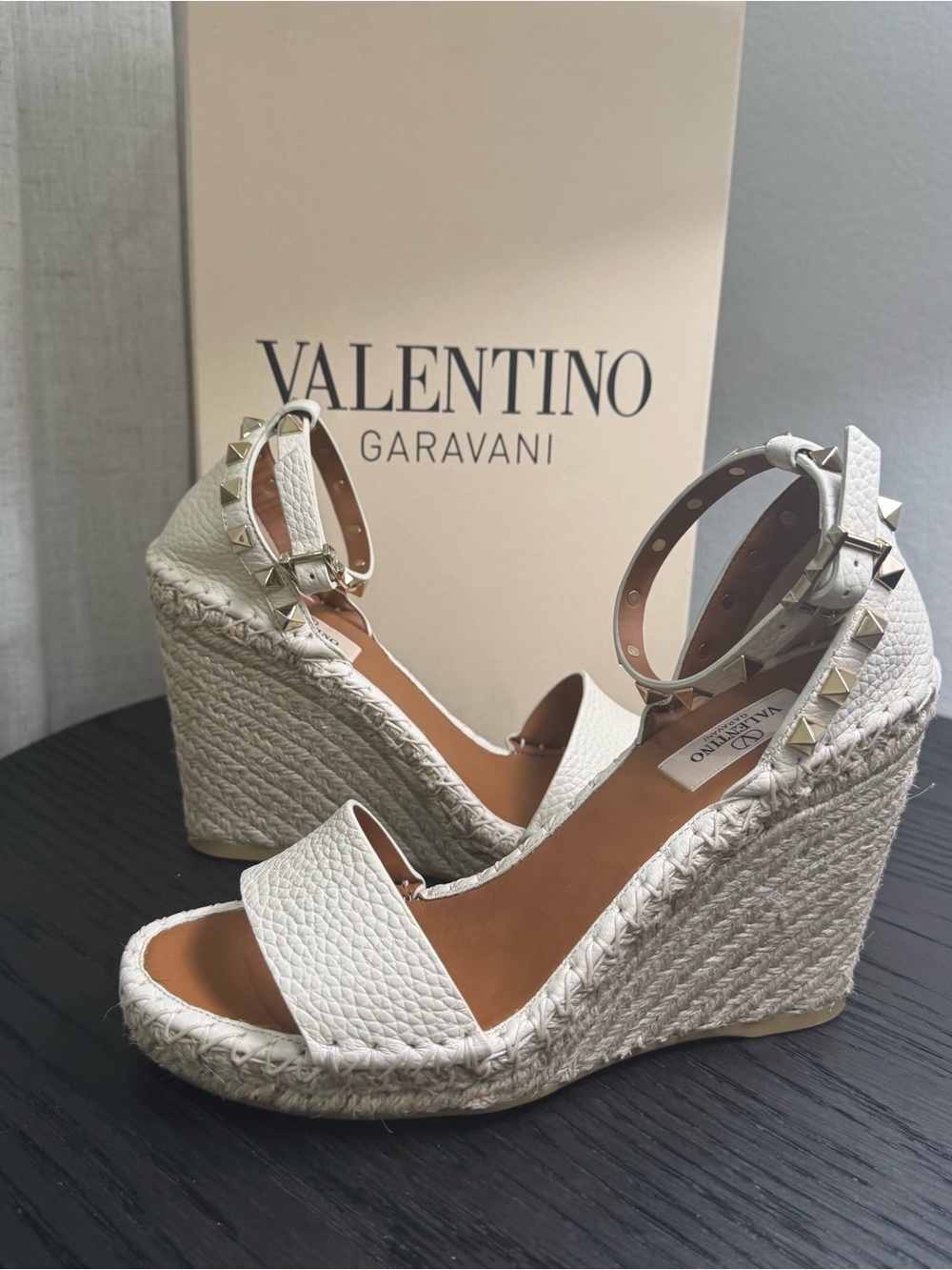 Valentino Garavani Rockstud Espadrille Wedge Sandals Ivory 37 - Picture 2 of 8